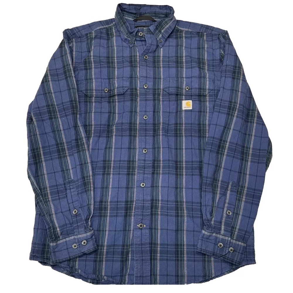 Carhartt Men Shirt Size Medium Button Down Loose Fit EUC Blue Plaid Workwear